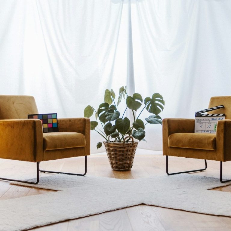 Deux fauteuils jaunes en velours avec des coussins, entourés d'une plante dans un pot.