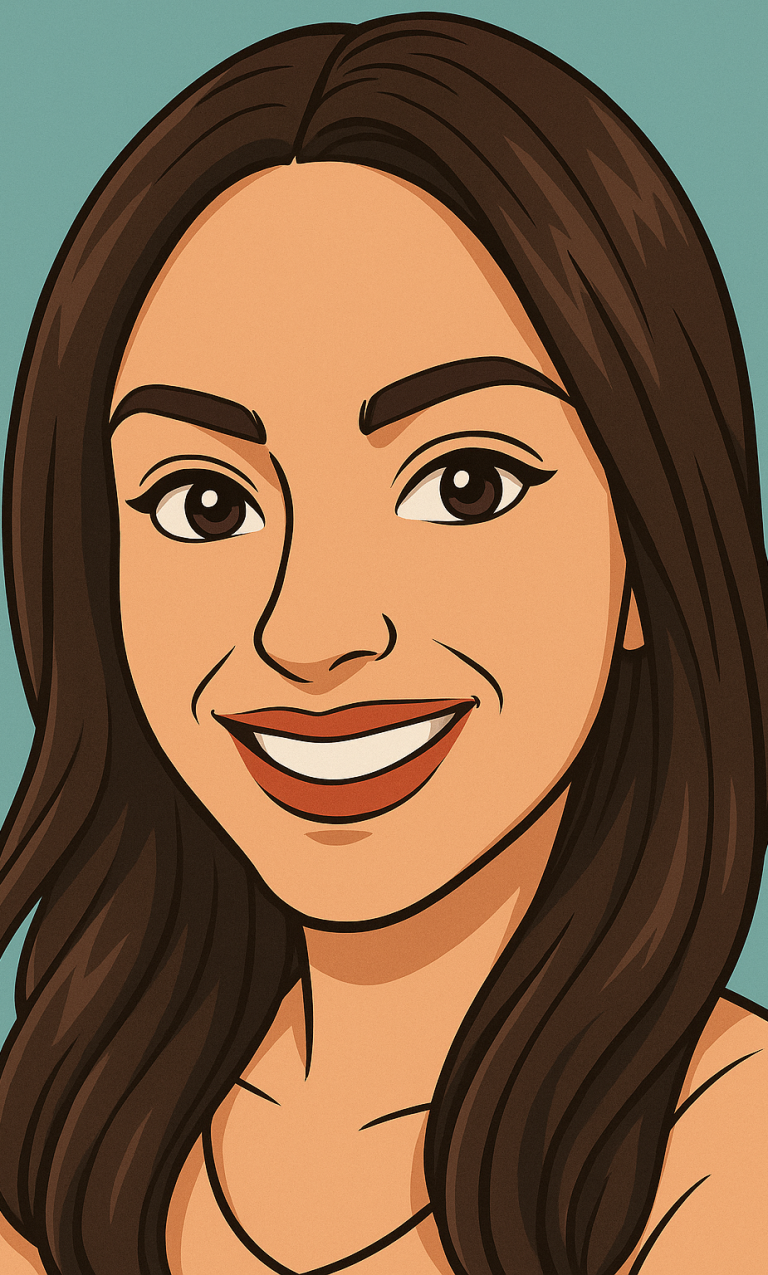 Portrait d'une femme souriante avec des cheveux bruns et un fond turquoise.